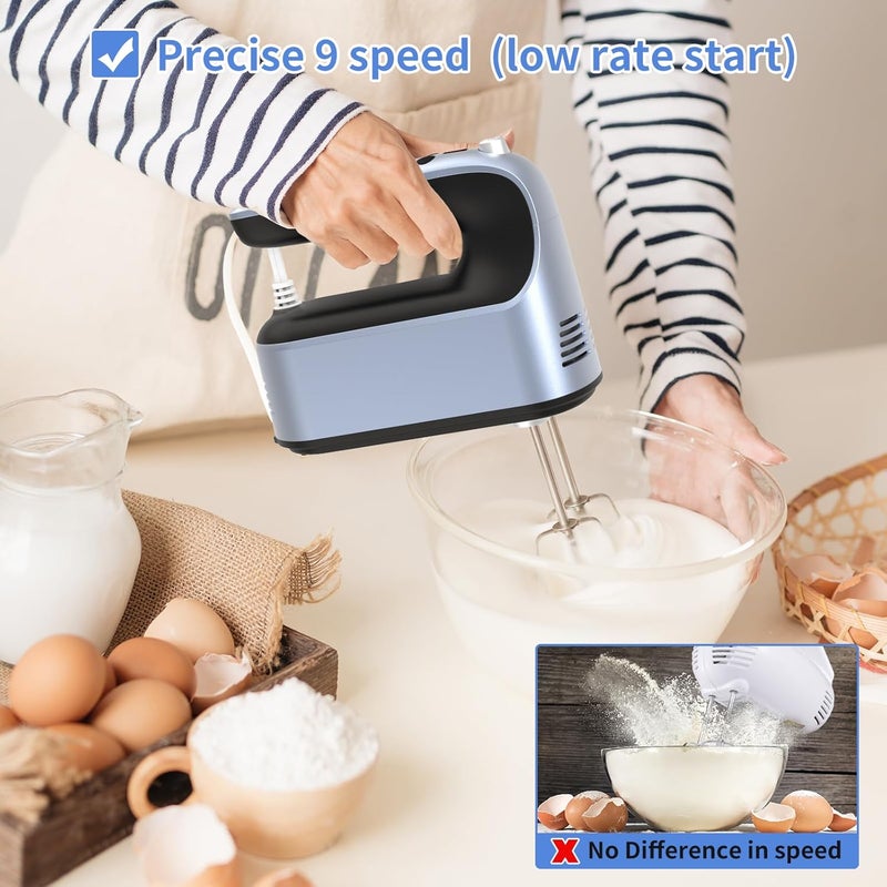 Yomelo 9-Speed Digital Hand Mixer Electric, 400W Powerful DC Motor, Hand Mixer Electric Handheld with Snap-On Storage Case, 5 Stainless Steel Accessories, Beaters, Dough Hooks, Whisk(Ocean Blue) - Image 4